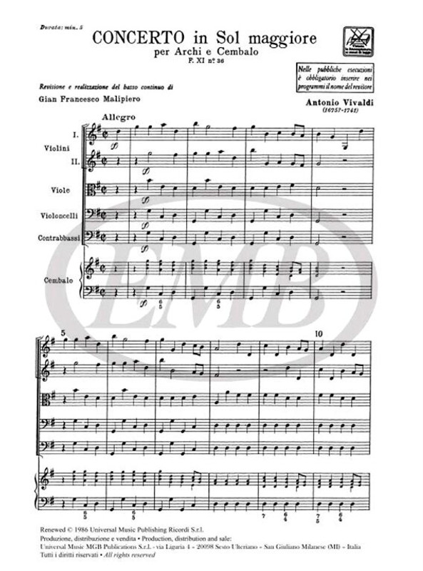 Vivaldi, Antonio: CONC. PER ARCHI E B.C.: IN SOL RV 150 - F.XI/36 / Ricordi / 1984