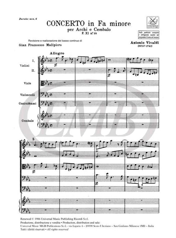 Vivaldi, Antonio: CONC. PER ARCHI E B.C.: IN FA MIN. RV 143 - F.XI/35 / Ricordi / 1984