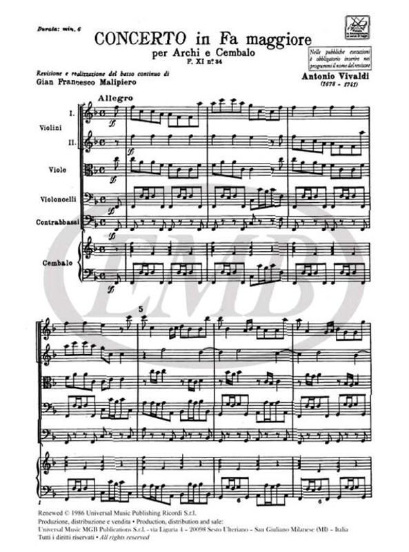 Vivaldi, Antonio: CONC. PER ARCHI E B.C.: IN FA RV 138 - F.XI/34Vivaldi, Antonio: CONC. PER ARCHI E B.C.: IN FA RV 138 - F.XI/34 / Ricordi / 1984