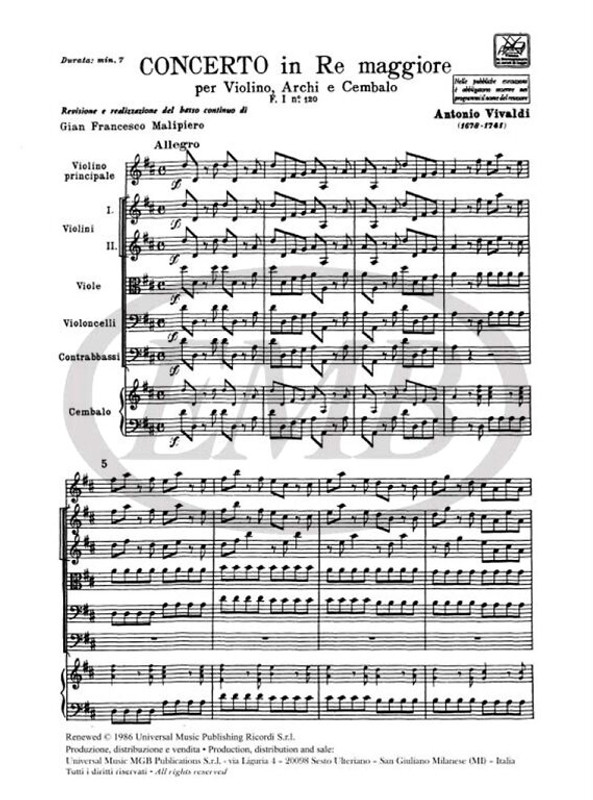 Vivaldi, Antonio: CONC. PER VL., ARCHI E B.C.: IN RE RV 209 - F.I/120 / Ricordi / 1984