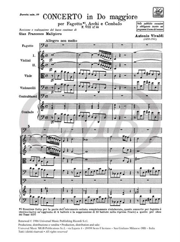 Vivaldi, Antonio: CONC. PER FG., ARCHI E B.C.: IN DO RV 470 - F.VIII/33 / Ricordi / 1984