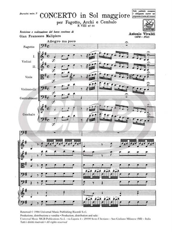 Vivaldi, Antonio: CONC. PER FG., ARCHI E B.C.: IN SOL RV 493 - F.VIII/30 / Ricordi / 1984
