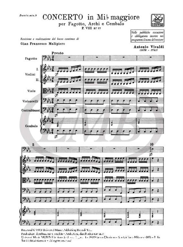Vivaldi, Antonio: CONC. PER FG., ARCHI E B.C.: IN MI BEM. RV 483 - F.VIII/27 / Ricordi / 1984