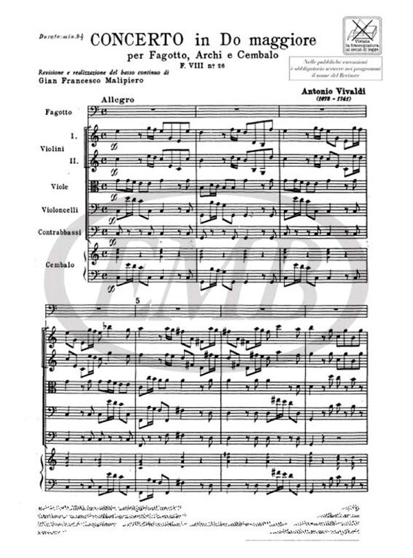 Vivaldi, Antonio: CONC. PER FG., ARCHI E B.C.: IN DO RV 479 - F.VIII/26 / Ricordi / 1984