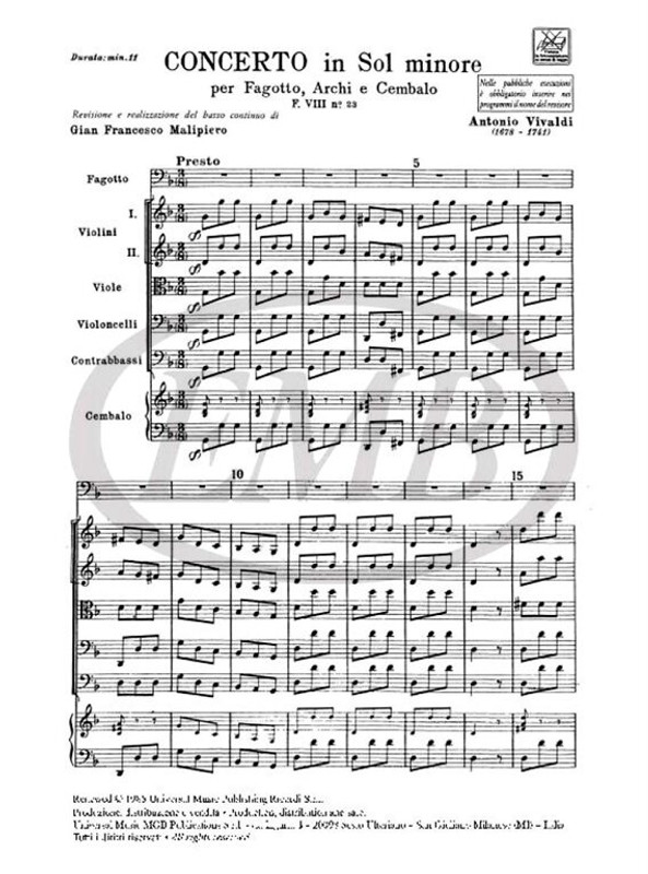 Vivaldi, Antonio: CONC. PER FG., ARCHI E B.C.: IN SOL MIN. RV 495 - F.VIII/2 / Ricordi / 1984
