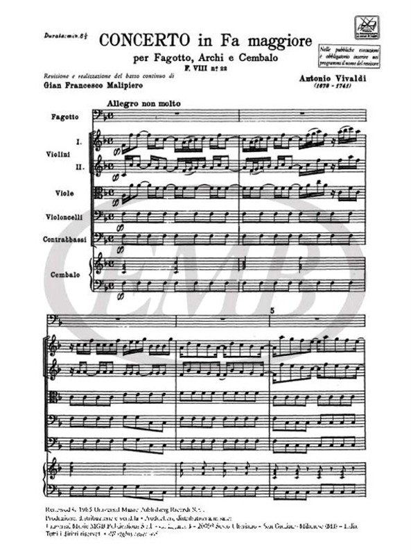 Vivaldi, Antonio: CONC. PER FG., ARCHI E B.C.: IN FA RV 486 - F.VIII/22 / Ricordi / 1984