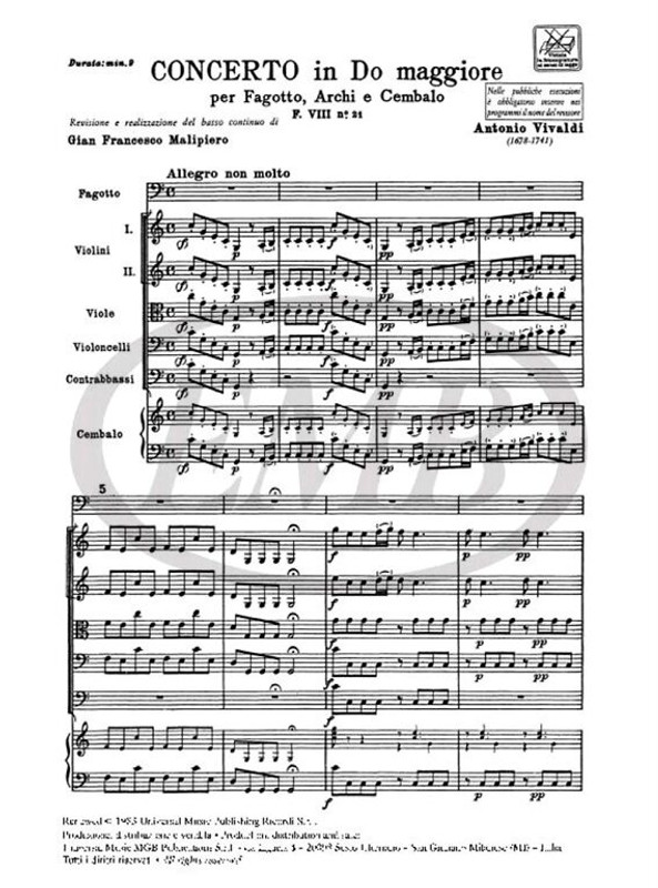 Vivaldi, Antonio: CONC. PER FG., ARCHI E B.C.: IN DO RV 475 - F.VIII/21 / Ricordi / 1984