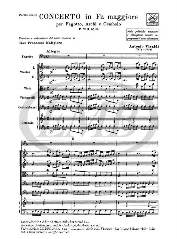 Vivaldi, Antonio: CONC. PER FG., ARCHI E B.C.: IN FA RV 489 - F.VIII/20 / Ricordi / 1984