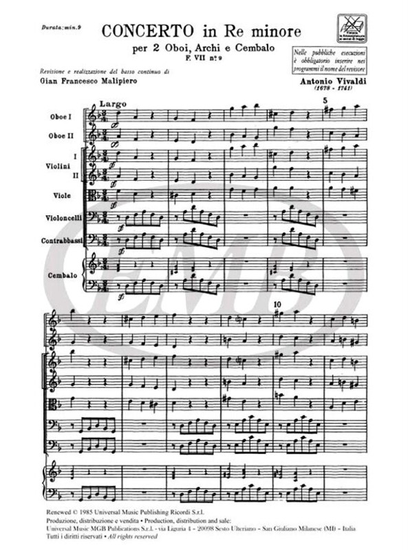 Vivaldi, Antonio: CONC. PER OBOE, ARCHI E B.C.: PER 2 OB. IN RE MIN. RV 535 / Ricordi