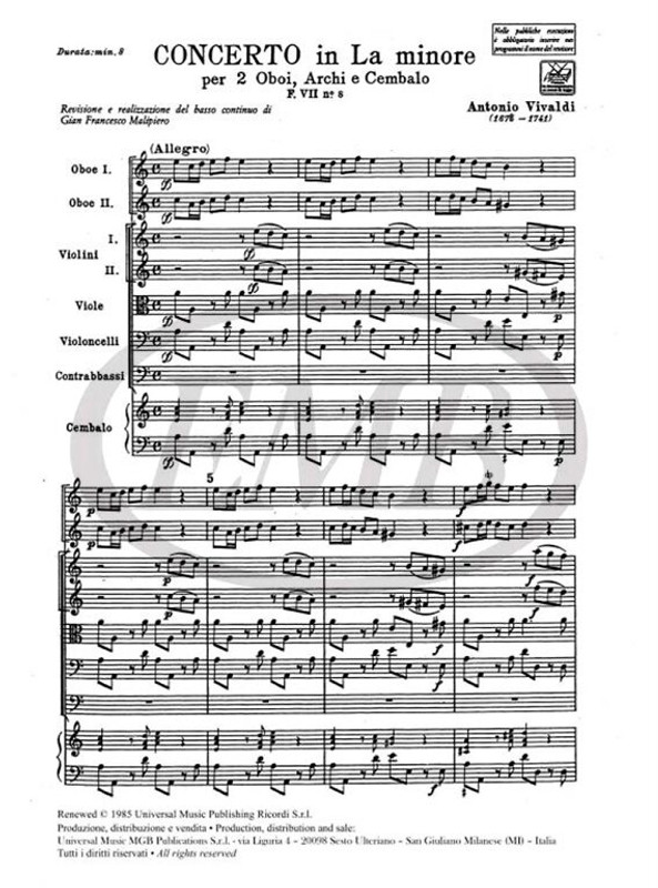 Vivaldi, Antonio: CONC. PER OBOE, ARCHI E B.C.: PER 2 OB. IN LA MIN. RV 536 / Ricordi / 1984