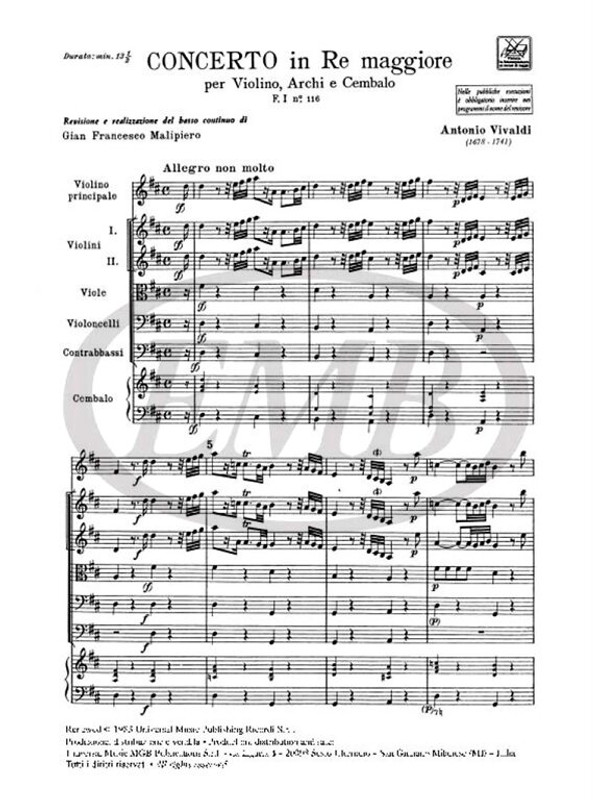 Vivaldi, Antonio: CONC. PER VL., ARCHI E B.C.: IN RE RV 211 - F.I/116 / Ricordi / 1984