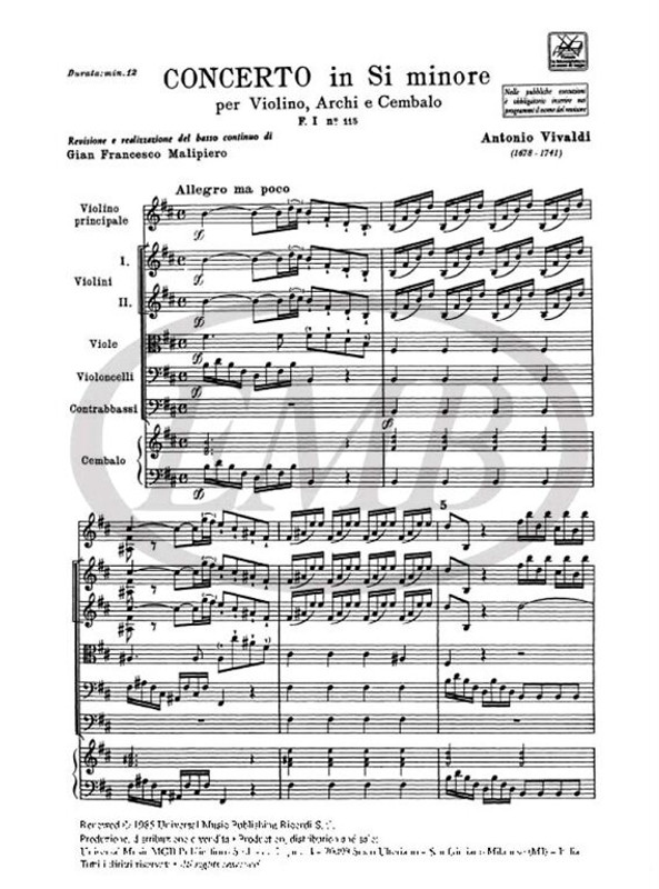 Vivaldi, Antonio: CONC. PER VL., ARCHI E B.C.: IN SI MIN. RV 386 - F.I/115 / Ricordi / 1984
