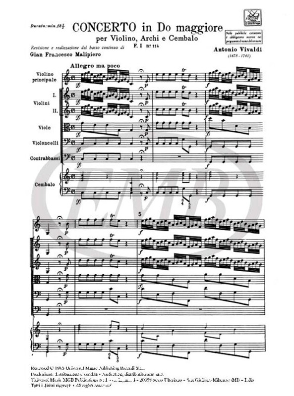 Vivaldi, Antonio: CONC. PER VL., ARCHI E B.C.: IN DO RV 191 - F.I/114 / Ricordi / 1984 