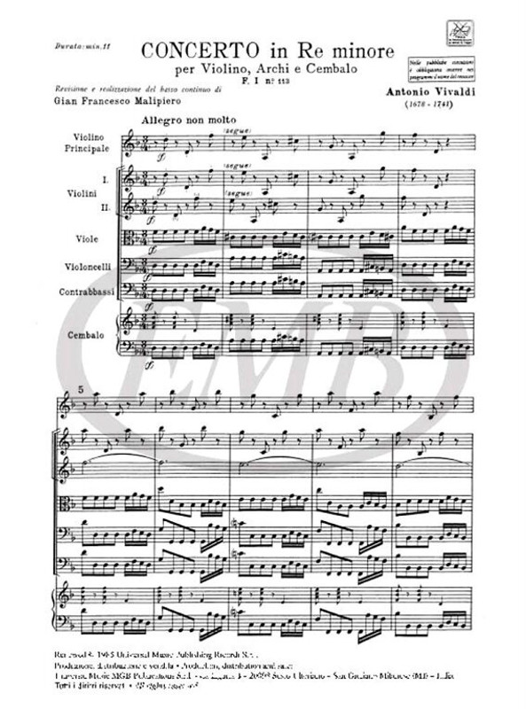 Vivaldi, Antonio: CONC. PER VL., ARCHI E B.C.: IN RE MIN. RV 235 - F.I/113 / Ricordi / 1984