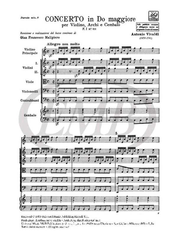 Vivaldi, Antonio: CONC. PER VL., ARCHI E B.C.: IN DO RV 183 - F.I/111 / Ricordi / 1984