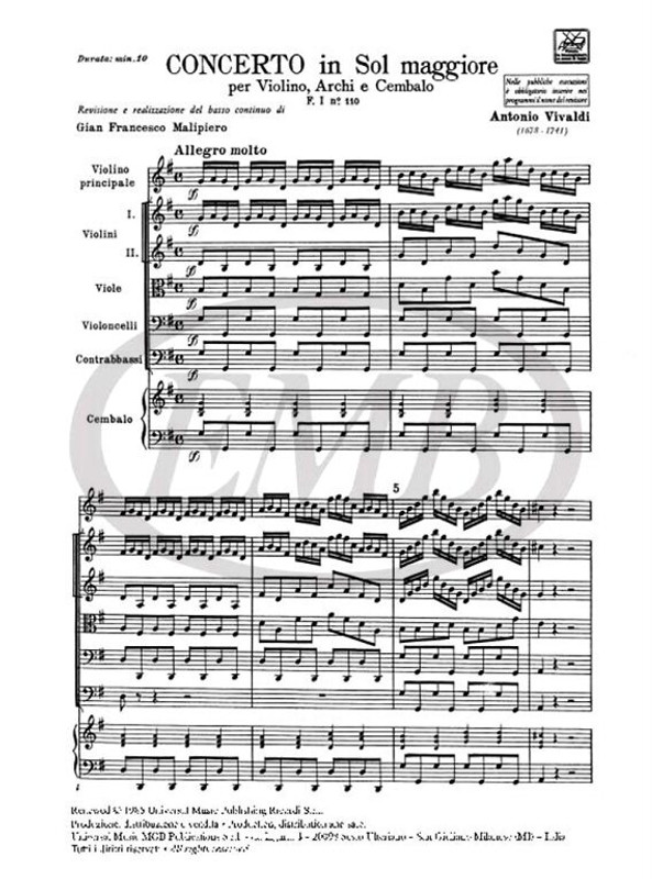 Vivaldi, Antonio: CONC. PER VL., ARCHI E B.C.: IN SOL RV 307 - F.I/110 / Ricordi / 1984