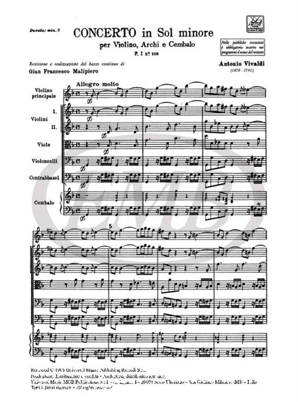 Vivaldi, Antonio: CONC. PER VL., ARCHI E B.C.: IN SOL MIN. RV 325 - F.I/108 / Ricordi / 1984