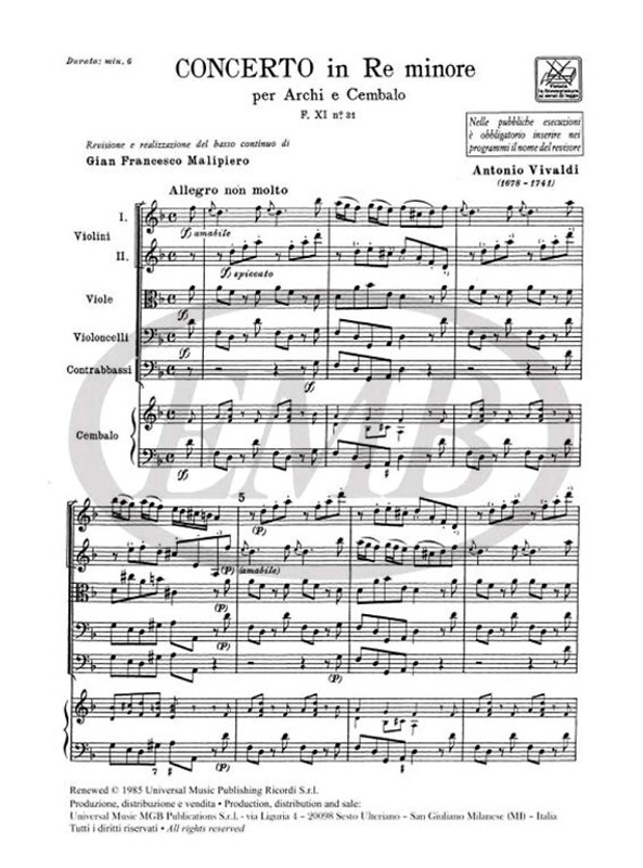 Vivaldi, Antonio: CONC. PER ARCHI E B.C.: IN RE MIN. RV 128 - F.XI/31 / Ricordi / 1984
