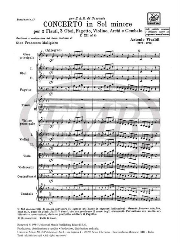 Vivaldi, Antonio: CONC. PER STRUM. DIVERSI, ARCHI E B.C.: IN SOL MIN. PER 2 FL., 3 OB., FG.E VL. 'PER S.A.R. DI SASSONIA' RV 576 - F.X / Ricordi / 1984