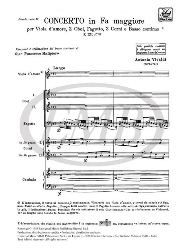 Vivaldi, Antonio: CONC. PER STRUM. DIVERSI E B.C.: IN FA PER 2 OB., VLA D'AM ORE, FG. E 2 CR. RV 97 - F.XII/32 / Ricordi / 1984