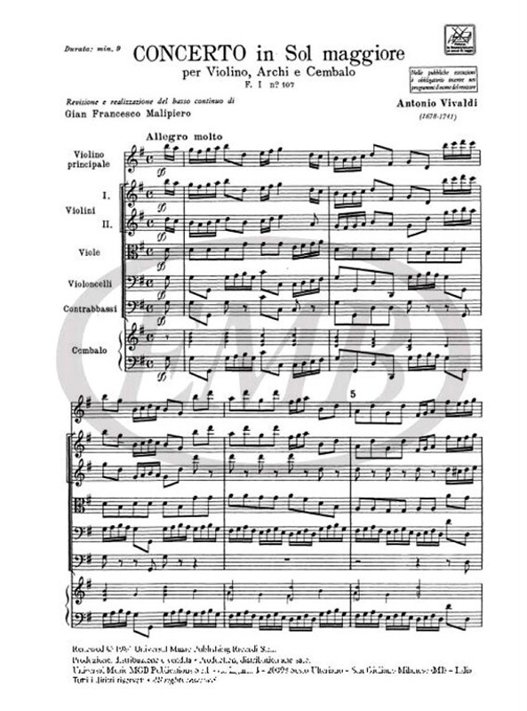 Vivaldi, Antonio: CONC. PER VL., ARCHI E B.C.: IN SOL RV 312 - F.I/107 / Ricordi / 1984