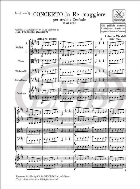 Vivaldi, Antonio: CONC. PER ARCHI E B.C.: IN RE RV 121 - F.XI/30 / Ricordi / 1984