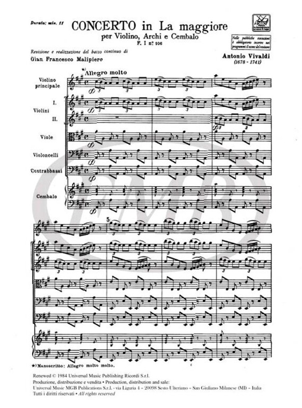 Vivaldi, Antonio: CONC. PER VL., ARCHI E B.C.: IN LA RV 350 - F.I/106 / Ricordi / 1984