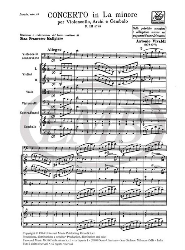Vivaldi, Antonio: CONC. PER VC., ARCHI E B.C.: IN LA MIN. RV 418 - F.III/18 / Ricordi / 1984
