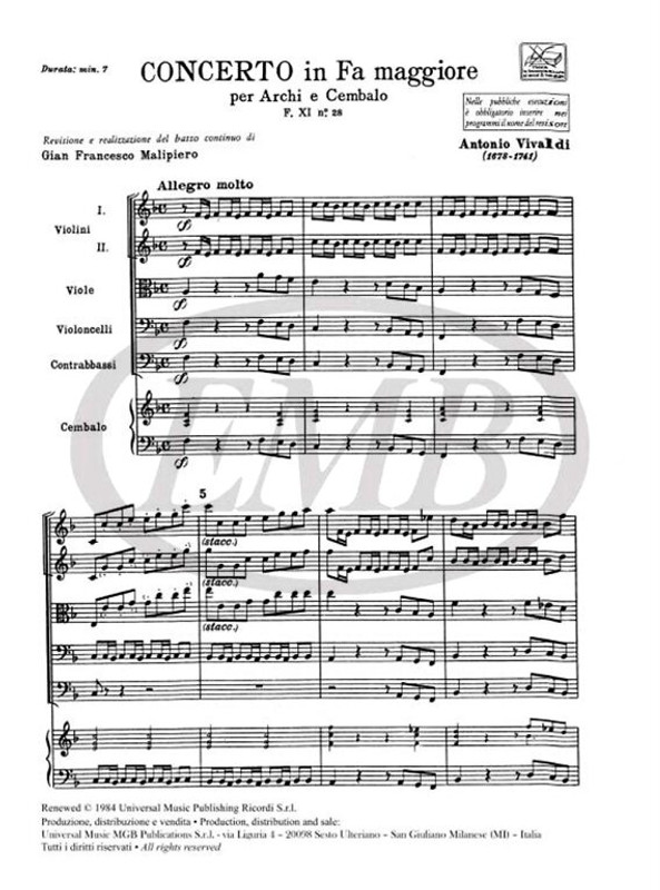 Vivaldi, Antonio: CONC. PER ARCHI E B.C.: IN FA RV 141 - F.XI/28 / Ricordi / 1984