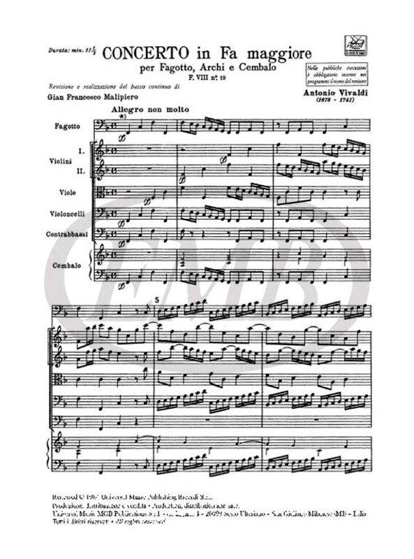 Vivaldi, Antonio: CONC. PER FG., ARCHI E B.C.: IN FA RV 488 - F.VIII/19 / Ricordi / 1984