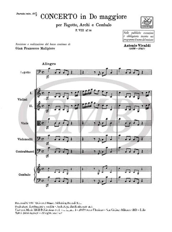 Vivaldi, Antonio: CONC. PER FG., ARCHI E B.C.: IN DO RV 469 - F.VIII/16 / Ricordi / 1970