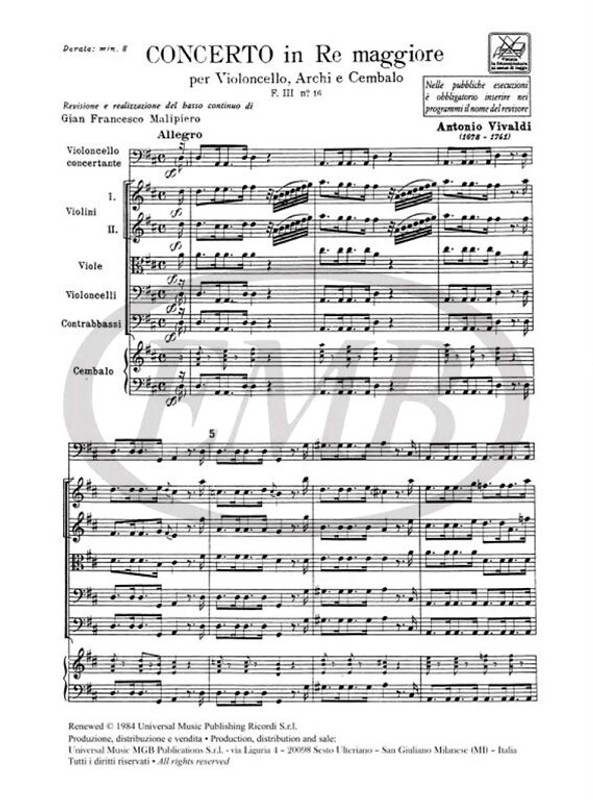Vivaldi, Antonio: CONC. PER VC., ARCHI E B.C.: IN RE RV RV 403 - F.III/16 / Ricordi / 1984