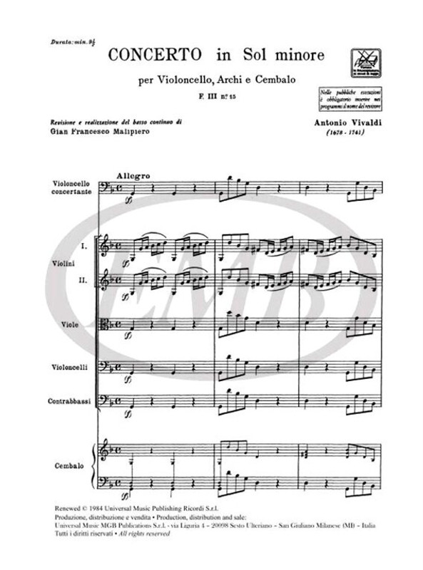 Vivaldi, Antonio: CONC. PER VC., ARCHI E B.C.: IN SOL MIN. RV 417 - F.III/15 / Ricordi / 1984