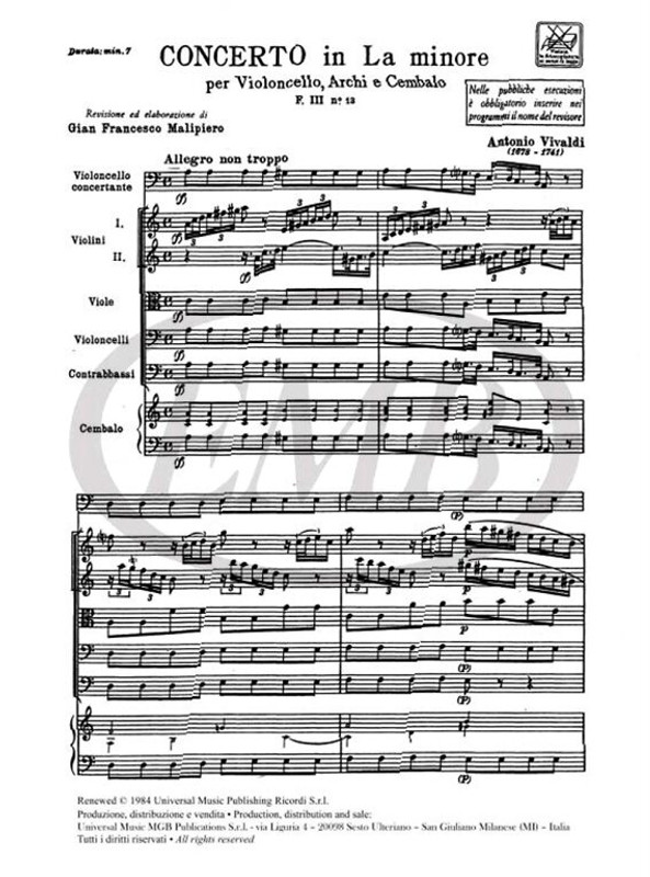 Vivaldi, Antonio: CONC. PER VC., ARCHI E B.C.: IN LA MIN. RV 421 - F.III/13 / Ricordi / 1984