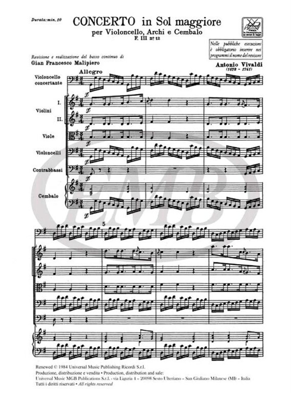 Vivaldi, Antonio: CONC. PER VC., ARCHI E B.C.: IN SOL RV 413 - F.III/12 / Ricordi / 1970