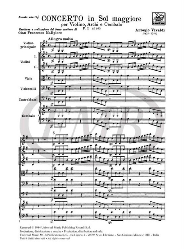 Vivaldi, Antonio: CONC. PER VL., ARCHI E B.C.: IN SOL RV 303 - F.I/103 / Ricordi / 1984