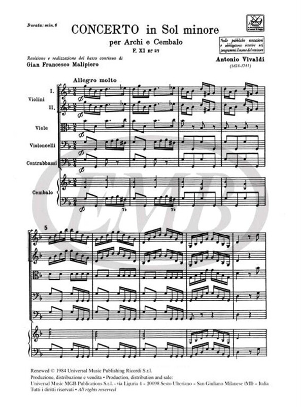 Vivaldi, Antonio: CONC. PER ARCHI E B.C.: IN SOL MIN. RV 152 - F.XI/27 / Ricordi / 1984