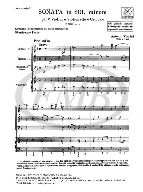 Vivaldi, Antonio: SON. PER VL. E B.C.: PER 2 VL. IN SOL MIN. OP.I N.1 - RV 7 / 3 - F.XIII/17 / Ricordi / 1984