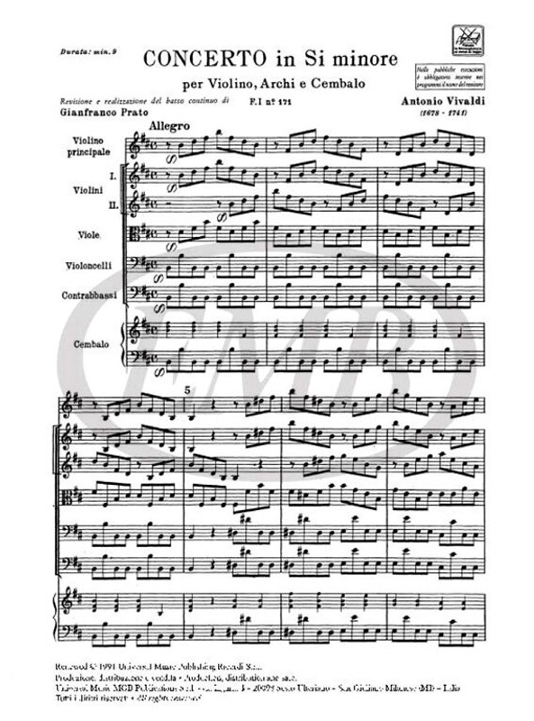 Vivaldi, Antonio: CONC. PER VL., ARCHI E B.C.: IN SI MIN. RV 388 - F.I/171 / Ricordi