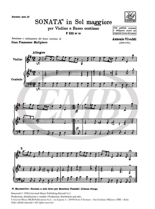Vivaldi, Antonio: SON. PER VL. E B.C.: IN SOL RV 25 - F.XIII/13 / Ricordi / 1984