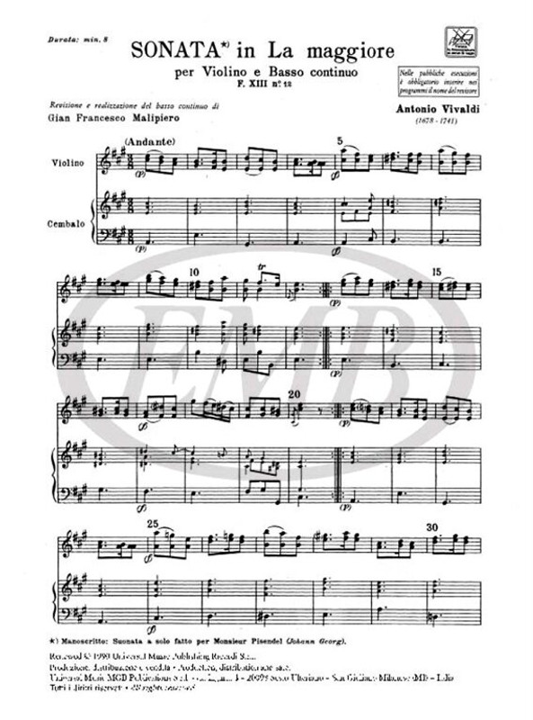 Vivaldi, Antonio: SON. PER VL. E B.C.: IN LA RV 29 - F.XIII/12 / Ricordi / 1984