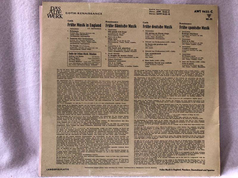 Studio Der Frühen Musik – Frühe Musik In England, Flandern, Deutschland Und Spanien / Telefunken /1963 LP VINYL SAWT 9432-B