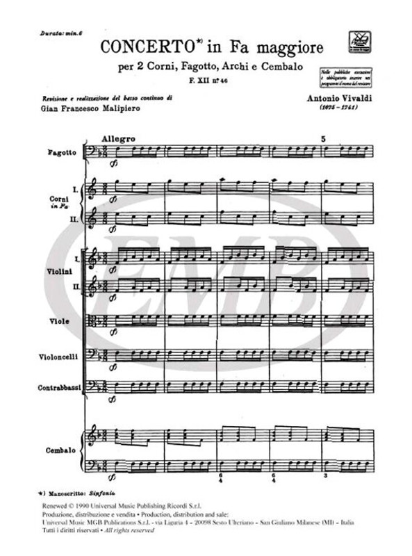 Vivaldi, Antonio: CONC. PER STRUM. DIVERSI, ARCHI E B.C.: IN FA PER 2 CR. E FG. 'SINFONIA' RV 135 - F.XII/46 / Ricordi / 1984