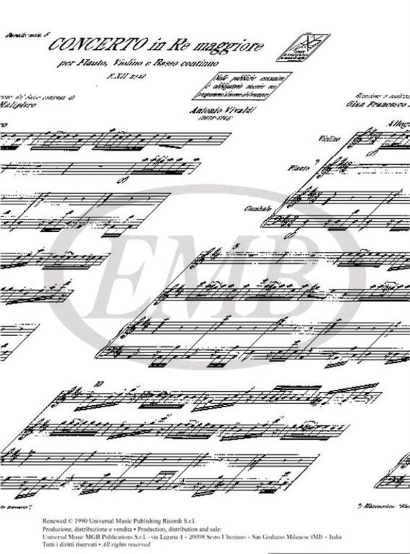 Vivaldi, Antonio: CONC. PER STRUM. DIVERSI E B.C.: IN RE PER FL. E VL. RV 84 - F.XII/43 / Ricordi / 1984