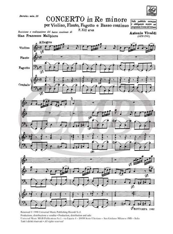 Vivaldi, Antonio: CONC. PER STRUM. DIVERSI E B.C.: IN RE MIN. PER FL., VL. E FG. RV 96 - F.XII/42 / Ricordi / 1984