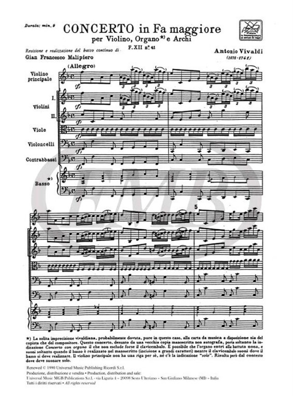 Vivaldi, Antonio: CONC. PER STRUM. DIVERSI, ARCHI E B.C.: IN FA PER VL E ORG . RV 542 - F.XII/41 / Ricordi / 1984