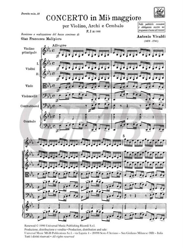 Vivaldi, Antonio: CONC. PER VL., ARCHI E B.C.: IN MI BEM. RV 260 - F.I/166 / Ricordi / 1984