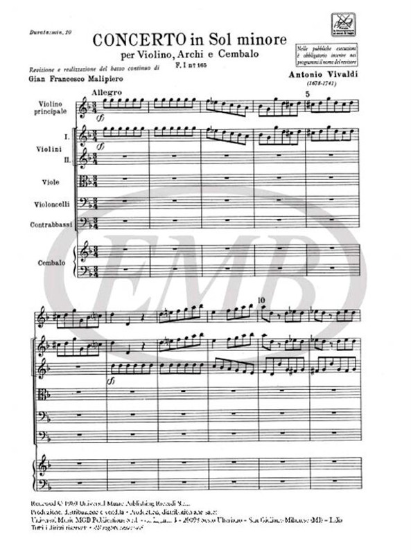 Vivaldi, Antonio: CONC. PER VL., ARCHI E B.C.: IN SOL MIN. RV 319 - F.I/165 / Ricordi / 1984