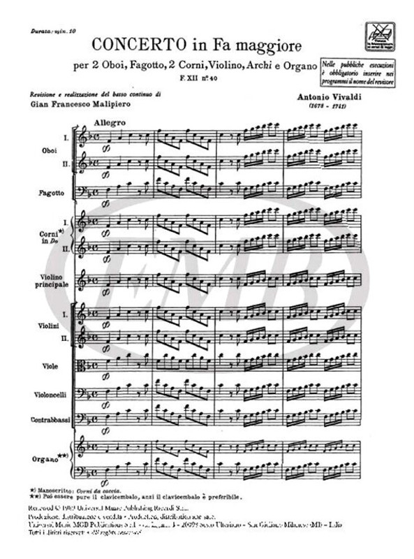 Vivaldi, Antonio: CONC. PER STRUM. DIVERSI, ARCHI E B.C.: IN FA PER 2 OB., F G., 2 CR. E VL. RV 571 - F.XII/40 / Ricordi / 1984