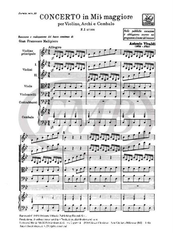 Vivaldi, Antonio: CONC. PER VL., ARCHI E B.C.: IN MI BEM. RV 252 - F.I/164 / Ricordi / 1984